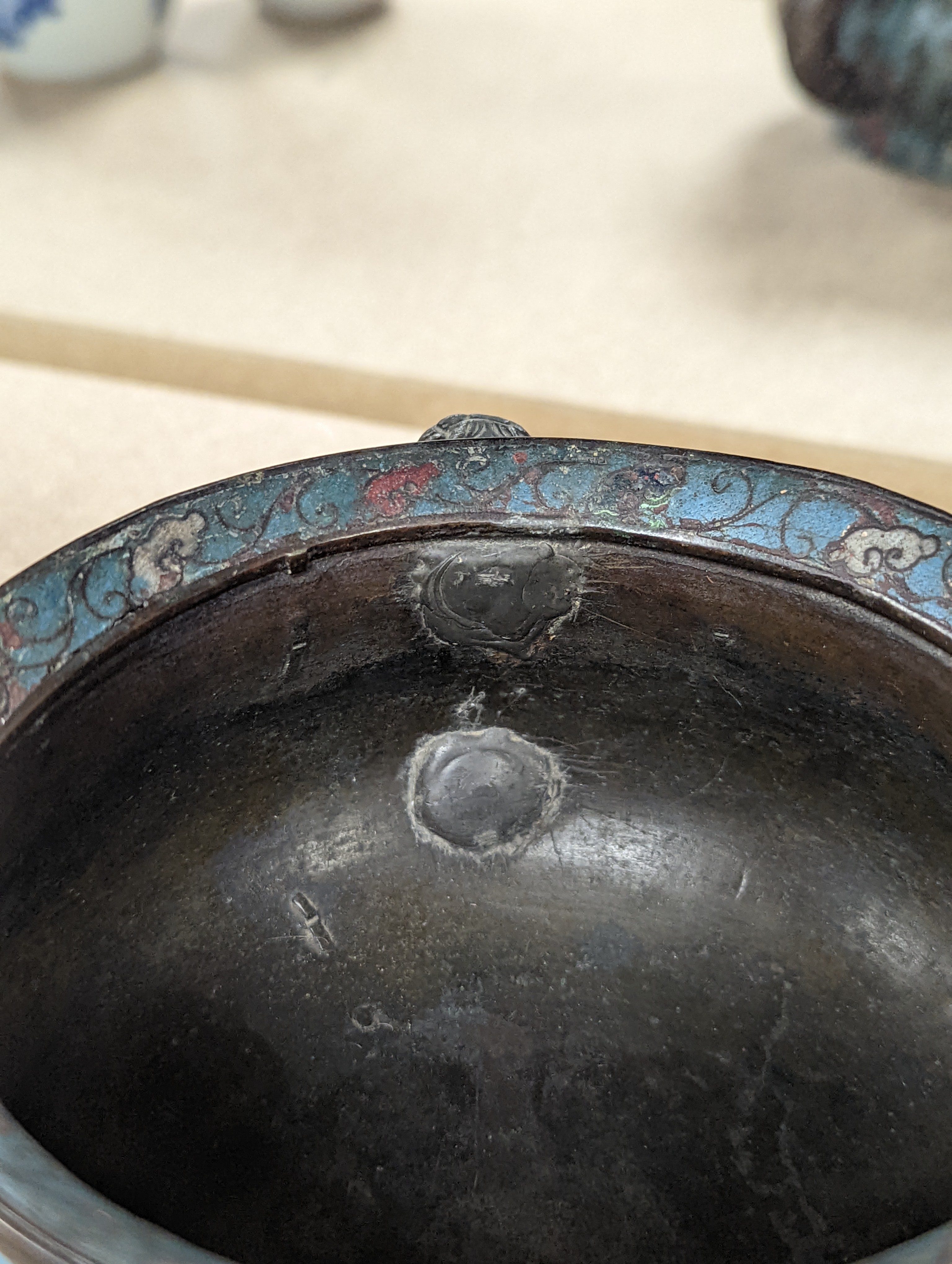 A Chinese late Ming dynasty bronze and cloisonné enamel ding censer 18cm